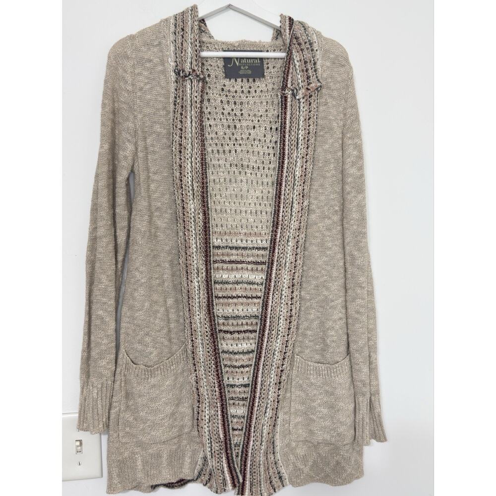 Natural Reflections Womens Boho Hooded Open Front Cardigan Oatmeal Size S - Picture 2 of 13